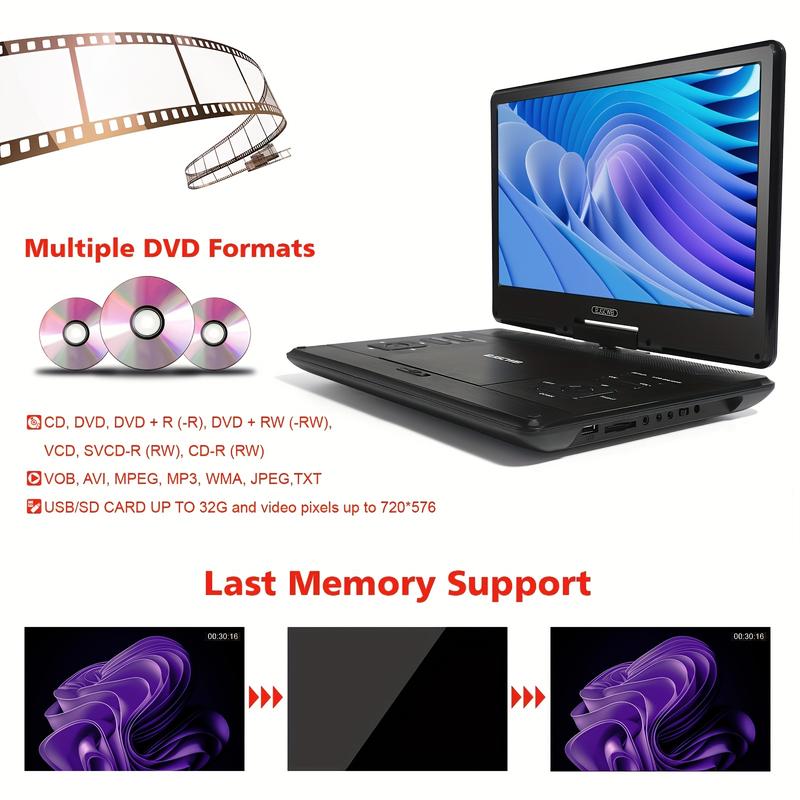 16.9" Portable DVD Player with 270° Rotating Screen Multi-Region Support CD DVD VCD SD Card USB for Car Use & Family Entertainment Digital Products Charger Rechargeable Audio Adapter Remote Control