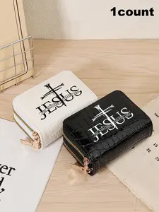 Fashionable Cross & Letters Print Card Holder, Simple and Casual Multi Card Slot Card Holder, Fashionable Zipper Card Coin Wallet, Credit Card Holder