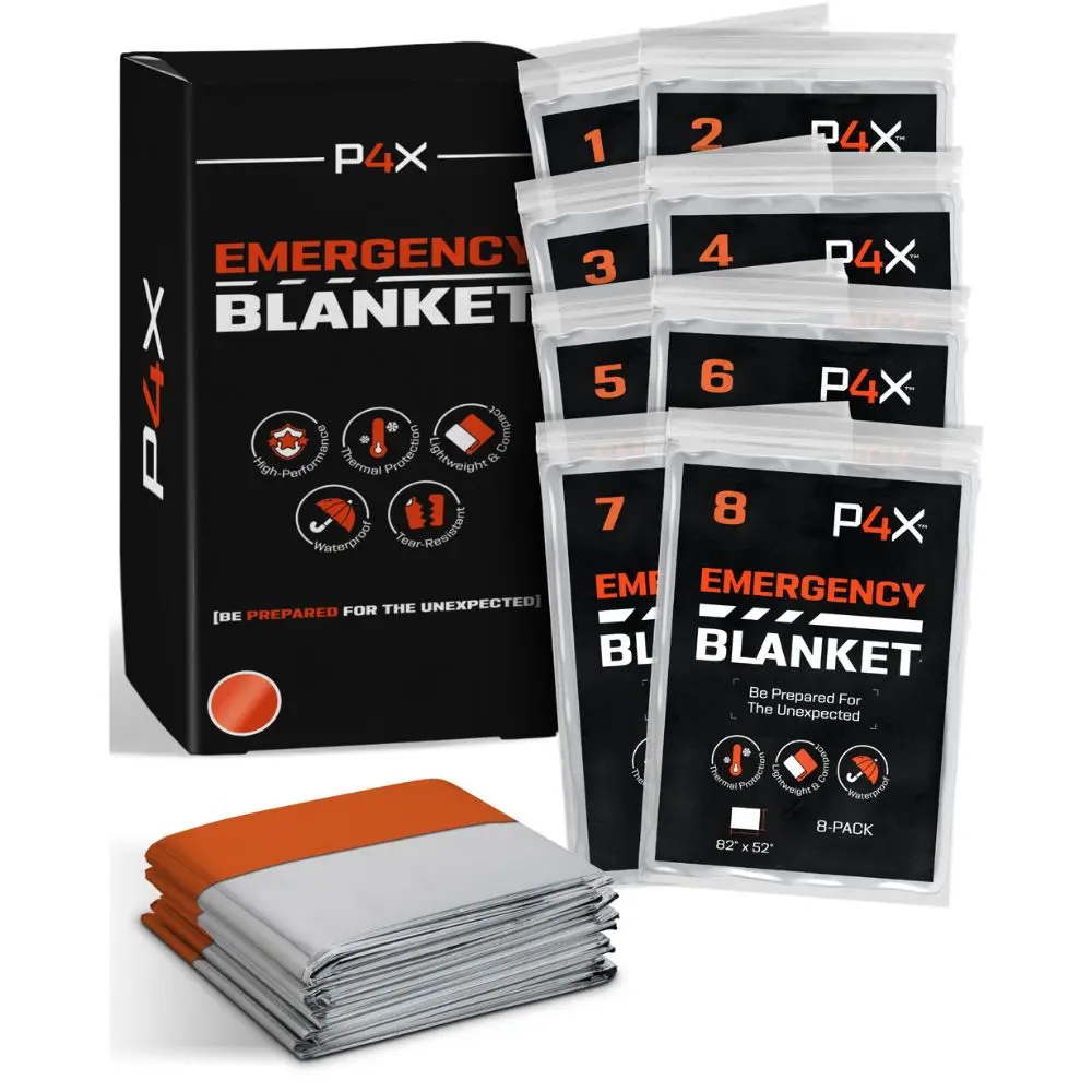 P4X Mylar Emergency Blankets 8-Pack for Survivalists - Waterproof, Rip/Tear Resistant P4X Mylar Emergency Blankets 8-Pack for Survivalists - Waterproof, Rip/Tear Resistant