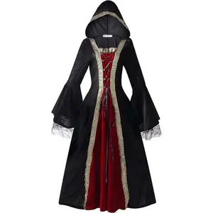 Women’s Medieval Renaissance Dress Gothic Victorian Costume Velvet Hooded Witch Vampire Cosplay Long Bell Sleeve A-Line Dress for Halloween Pirate Festival Party with Belt and Gloves, fantasy costume, Halloween Decoration, vampire costume, witch dress