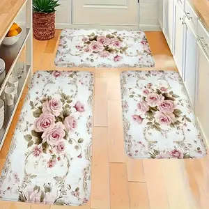 American Style Decorative Mat - Pink Rose Floral Print Non-Slip Soft Flannel Fabric with Sponge Rub, Home Décor Doormat for Bedroom Living Room Kitchen Bathway Entry Way kitchen carpet