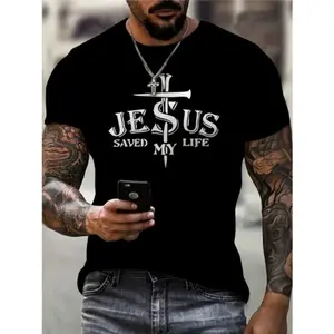 Men's Jesus Saved My Life Graphic Print Short-Sleeve Round Neck Crew Neck T-Shirt, Casual Comfy Menswear Top for Daily Vacation, Made in USA