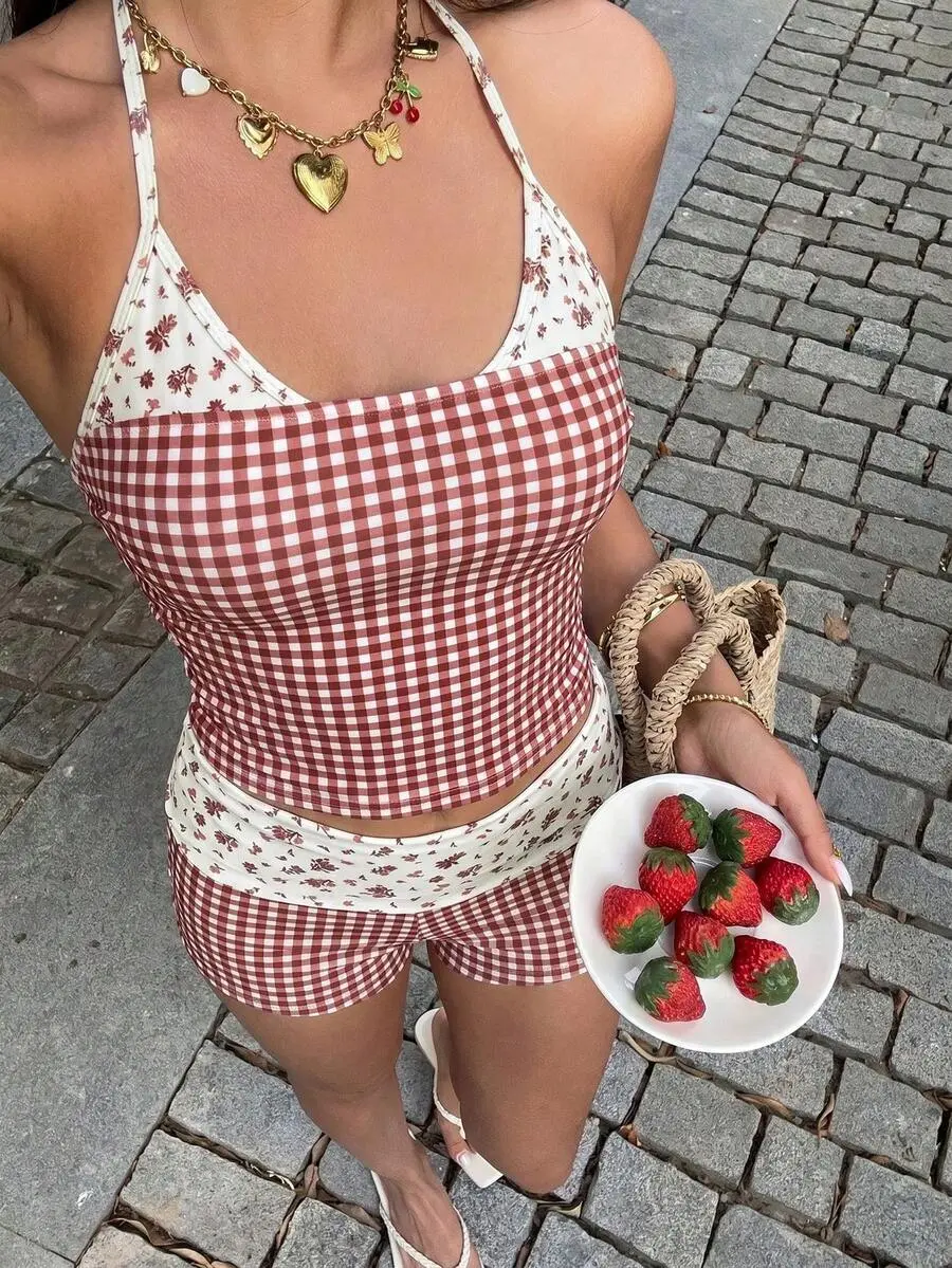 Women Swimwear Swimshort Tankini,Blue And White,Summer,Vintage,Holiday,Pool Party,Holiday,Gingham Polka Dot Floral Boho Beach Outfits Fourth Of July