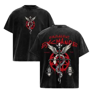 Vintage Fullmetal Alchemist Oversized Graphic T-Shirt - Equivalent Exchange Washed Heavy Cotton Anime Tee | Y2K Streetwear, FMA Apparel & Gym Pump Cover for Men Women 90s graphic good tees Casual American Short Sleeve T-shirt