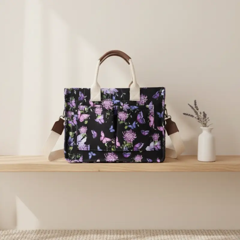 Women’s Butterfly Print Multi-Function Tote Bag - Stylish Crossbody & Shoulder Bag with Multiple Pockets, Built-In Water Bottle Strap, Durable Lightweight Organizer for Travel, Shopping