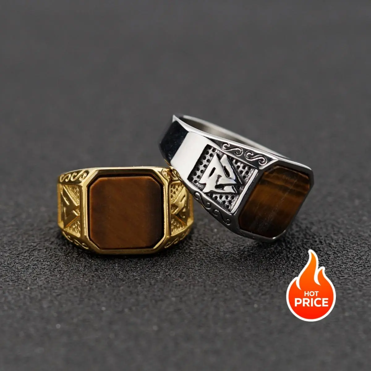 Valkenut Geometric Ring - 2-Tone Stainless Steel, Tiger Eye Gemstone Studded, Unisex Vintage Light Luxury High-End Party Accessory, Sizes 7-13, Geometric Cube & Hexagonal Rings, Vintage Rings