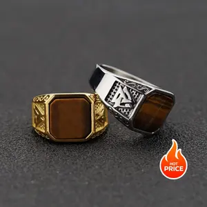 Valkenut Geometric Ring - 2-Tone Stainless Steel, Tiger Eye Gemstone Studded, Unisex Vintage Light Luxury High-End Party Accessory, Sizes 7-13, Geometric Cube & Hexagonal Rings, Vintage Rings
