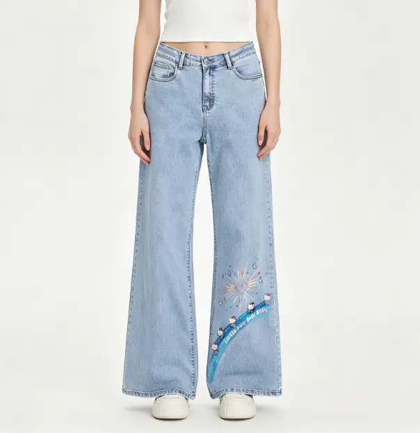 Light Wash High Waist Rainbow Heart Meteor Cute White Cartoon Kitten Ribbon Letter Print Wide Leg Jeans Women Sweet Kawaii Coquette Loose Bootcut Denim Trousers, All Cartoon Patterns Are Printed