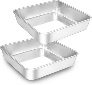 8 x 8 Inch Square Cake Pan, Stainless Steel Baking Pan for Lasagna Brownies Casseroles, Square Bakeware for Oven Cooking, Non-Toxic & Rust-resistant, Dishwasher Safe, 2 Pack