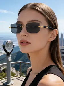 Unisex Rimless Square Metal Sunglasses, Fashion Decorative Shades, Lightweight Eyewear for Beach Vacation, Summer & Daily Commute