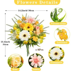 Artificial Flowers, Silk Yellow Roses & Pink Dahlias Bouquets -13.4" Fake Flower Outdoor Summer, Faux Floral Arrangements for Indoor Vase, Home Wedding Table Centerpiece, Cemetery Grave Decoration Decorative Fruit Plants Ornaments