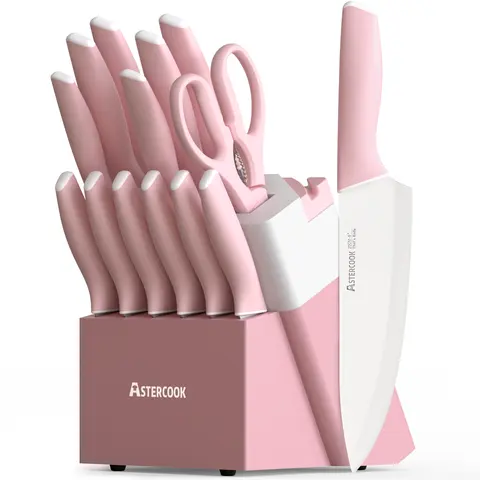 Astercook 15-Piece Modern Rustproof High Carbon Stainless Steel Knife Set - Serrated Bread/Steak Knives, 7" Santoku, 1 Kitchen Shear, Organizing Hardwood Block, Built-In Sharpener, Scratch-Resistant Crystal Pink Kitchen Supply, Ideal Valentine’s Day Gift
