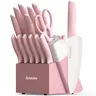 Astercook 15-Piece Modern Rustproof High Carbon Stainless Steel Knife Set - Serrated Bread/Steak Knives, 7" Santoku, 1 Kitchen Shear, Organizing Hardwood Block, Built-In Sharpener, Scratch-Resistant Crystal Pink Kitchen Supply, Ideal Valentine’s Day Gift