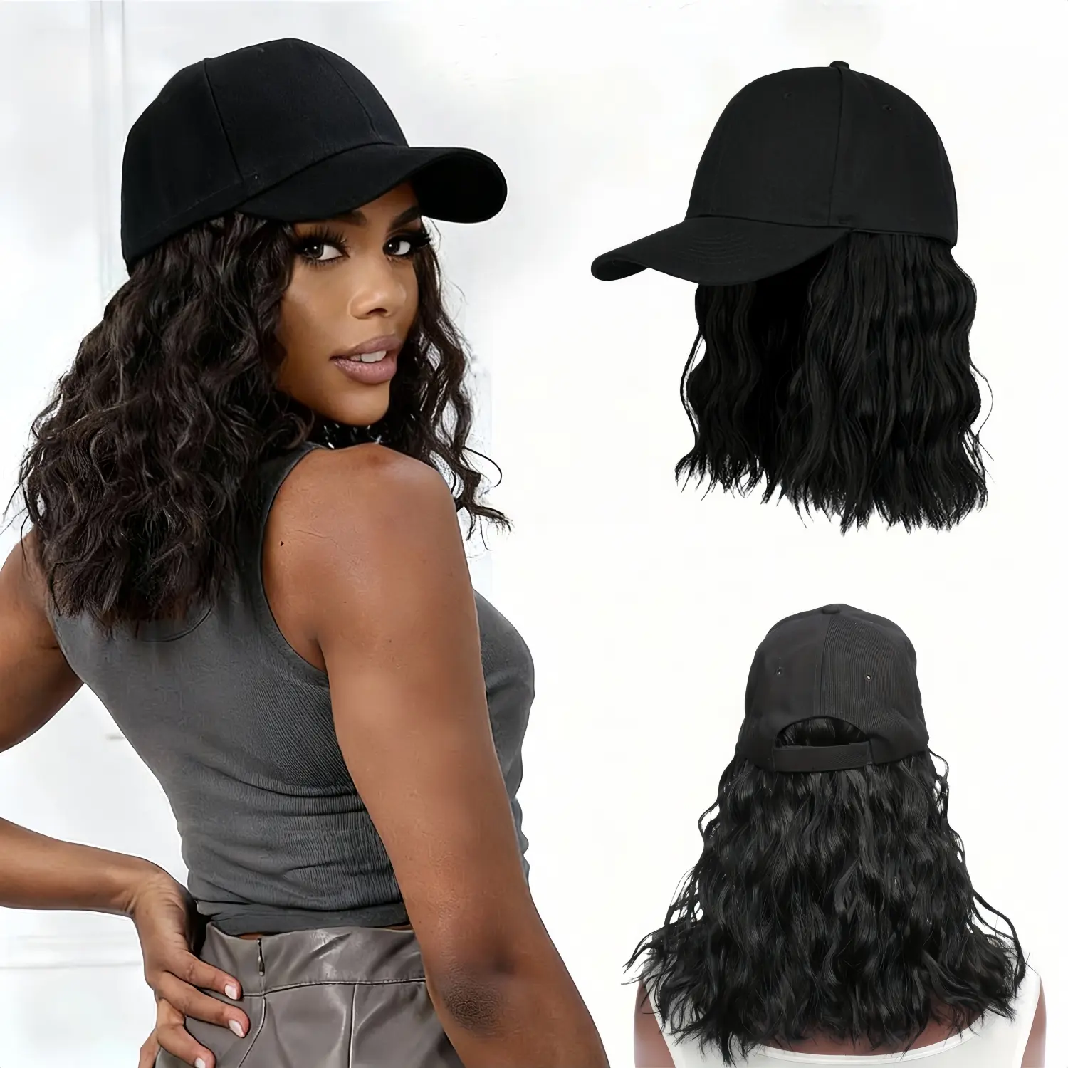 Baseball Cap Wig with Short Curly Synthetic Hair, Adjustable Hat with Wavy Hair Extensions for Women, Curly Hair Wigs Machine Made Wig Beanie Wigs