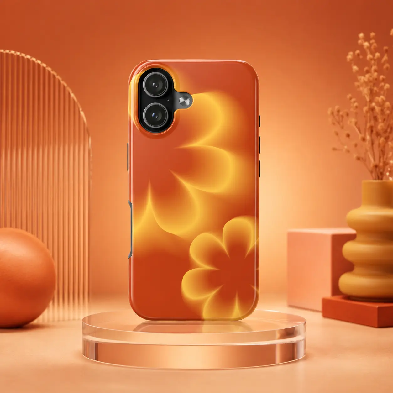 Retro Orange Floral Phone Case – Warm Gradient Flower Design, Y2K Aesthetic Protective Case for iPhone  Description:
