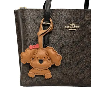 Cute Kawaii Poodle Puppy Dog Bowknot Bag Charm Purse Keychain French Lambskin Leather Pendant for Girls Women