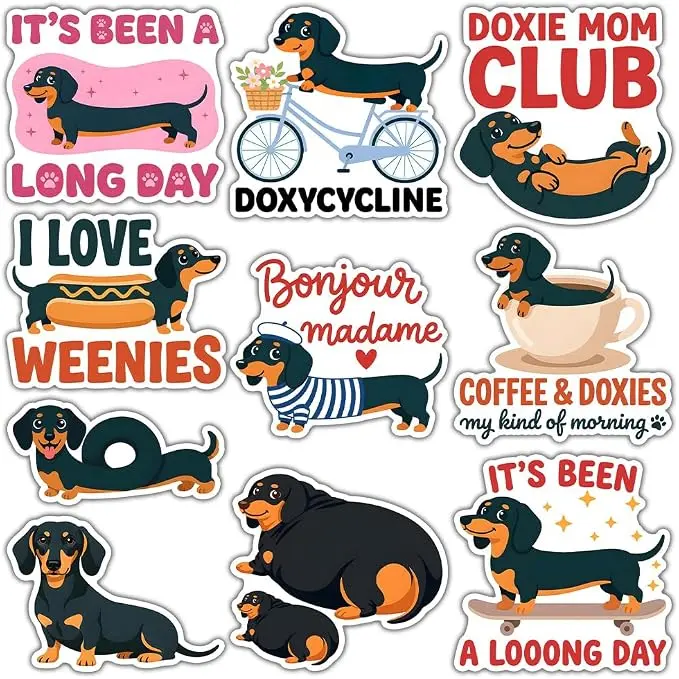 10pcs Funny Dachshund Sticker Cute Pun Vinyl Decal for Dog Lovers, Laptops, Water Bottles Sticker for Vet Assistants Student Nurses