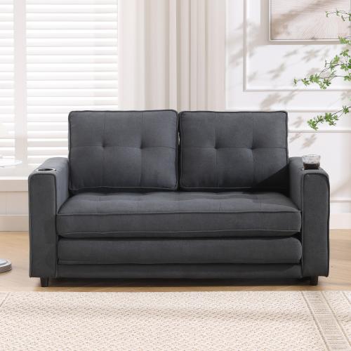 VIDEO Provided 3-in-1 Upholstered Futon Sofa Convertible Sofa Bed,Foldable Tufted Loveseat With Pull Out Sleeper Couch Bed