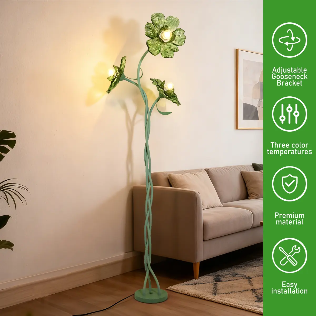 Vintage Floral Floor Lamp - Cute 3-Head Crabapple Art Reading Light with Flexible Gooseneck Aim, 3-Color Modern Mood Lighting for Girls' Bedroom Living Room Home Decor
