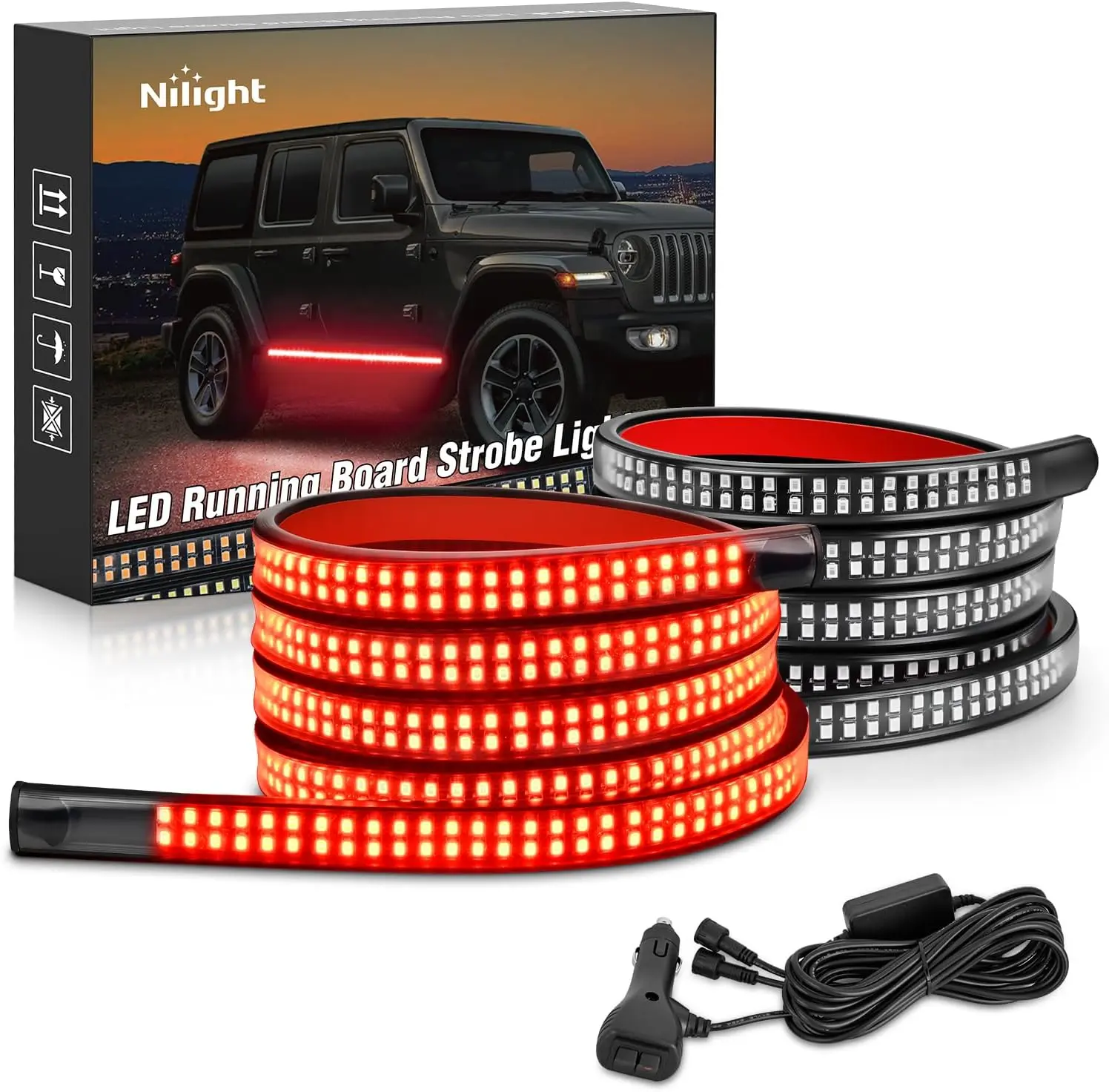 Nilight 2PCS 70in Adhesive Tape Strobe LED Running Board Light Bars, 1125-LED Red Flexible Waterproof for Trucks, Construction Vehicles - Automotive Decorative Car Accessories, Light Bar