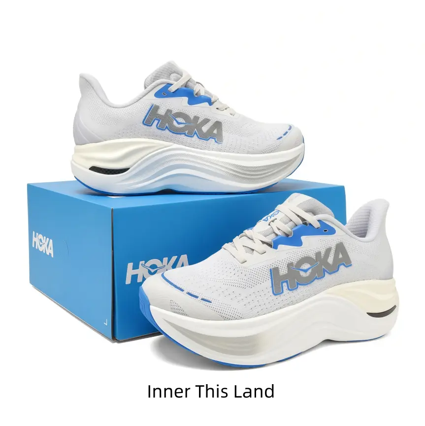 Off-white breathable mesh walking sneakers with sky blue logo and toe trim, fresh cool tone ideal for spring casual commute and travel outfit reels