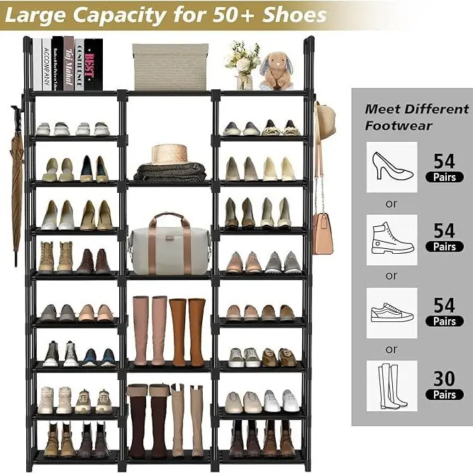 shoe rack organizer(3 Columns, 9 Tiers) Simple Shoe Rack, Entryway Shoe Storage Rack, Practical Shoe Organizer for Rental Houses & Indoor Use. (Including gloves, 2 hooks, 9 PP gaskets; 3 sets per outer carton) est ante de cocina