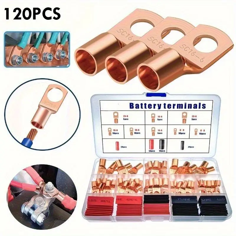 120pcs Copper Wire Lugs with Heat Shrink Set, 60pcs Battery Cable Lugs Battery Cable Ends Ring Terminals Connectors with 60pcs Heat Shrink Tubing Assortment Kit
