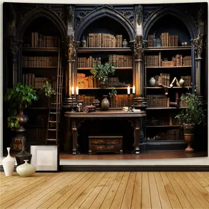 Gothic Bookshelf Tapestry Vintage Medieval Old Library Tapestries Student Book Office Bedroom Wall Art College Dorm Decor - 70.9" x 90.6"