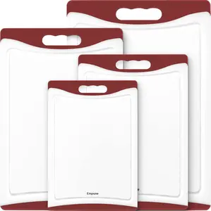 Large Cutting Boards, Plastic Cutting Boards for Kitchen (Set of 4) Cutting Board Set Dishwasher Chopping Board with Juice Grooves Easy-Grip Handles, Red, Empune