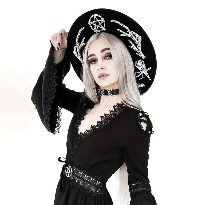 Y2K Retro Gothic Witch Hat, Themed Headwear, Halloween Printed Polyester Felt, Intricate Pentagram & Lace Trim, Lightweight & Hand Washable