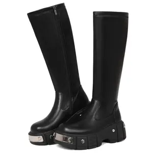 Women's Goth Platform Knee High Black Boots Mid Calf with Heel Chunky Heel Punk Rave Boots Girls Lace Up Combat Booties Rave Motorcycle Side Zip Lace Boots fall women