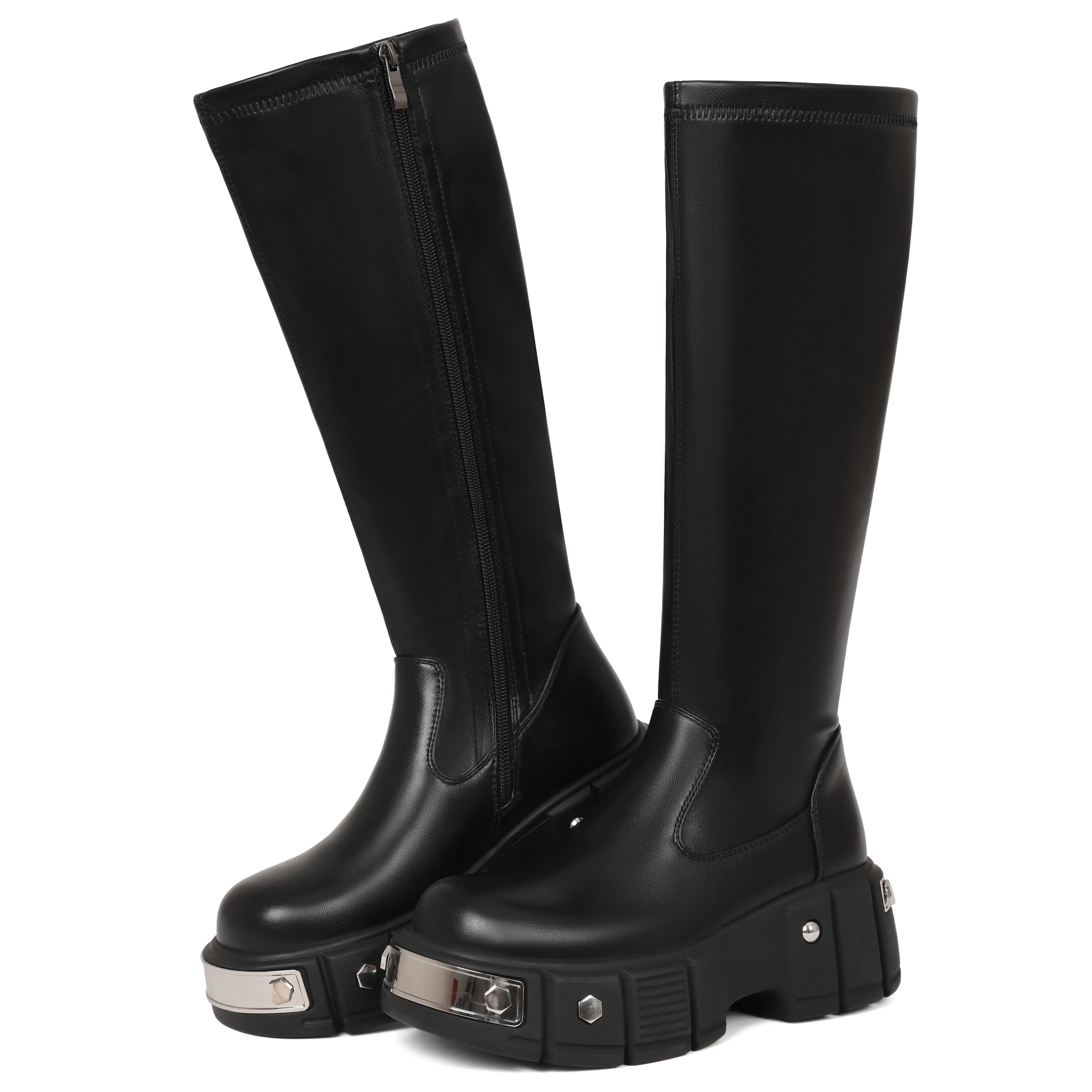 Women's Goth Platform Knee High Black Boots Mid Calf with Heel Chunky Heel Punk Rave Boots Girls Lace Up Combat Booties Rave Motorcycle Side Zip Lace Boots fall women