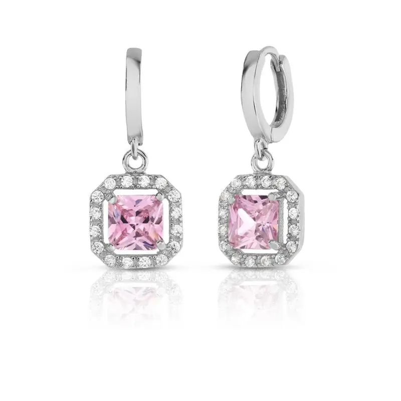 925 Sterling Silver Pink & White Topaz Princess Cut Halo Leverback  Earrings