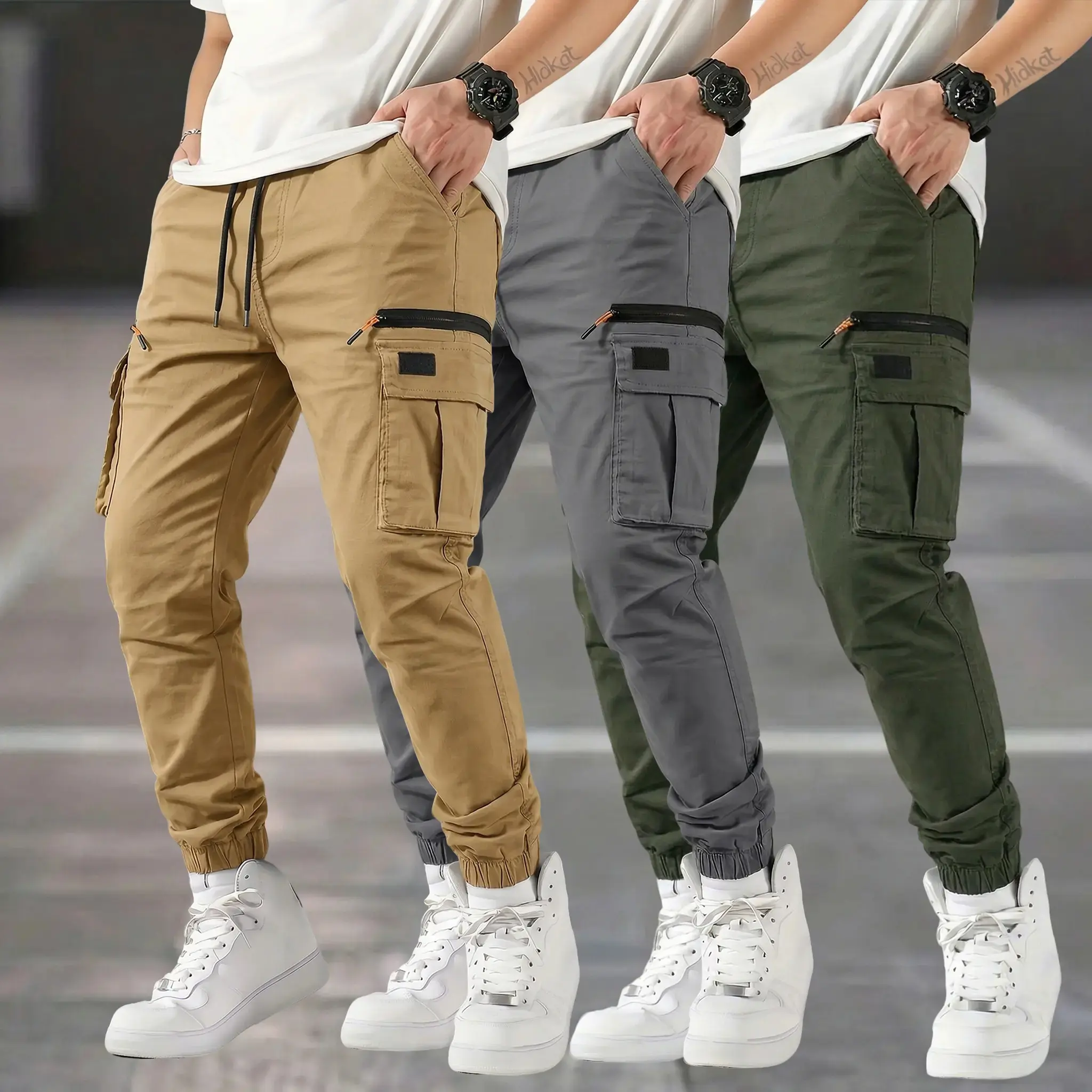 Men's Polyester All-Season Outdoor Cargo Pants - Casual Tapered Straight-Leg Trousers with Multiple Utility Zipper Pockets for Holiday Wear, Polyester Edit
