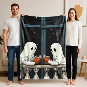 1 piece Two ghosts read books together at night. themed flannel blanket - Modern-style flannel blanket, suitable for sofas and beds, all-season use, super soft and comfortable, digital printing, 100% polyester material, machine washable, suitable
