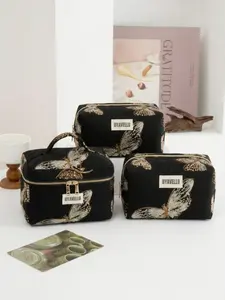 1/3 Fashionable Black Dragonfly Embroidered Makeup Bag, Holiday Leisure Beach Bag, Elegant Glitter Handbag, Zippered Portable Travel Wash Bag, Portable Storage Bag, Linen Mesh Makeup Bag, Travel Necessities, Back to School Supplies