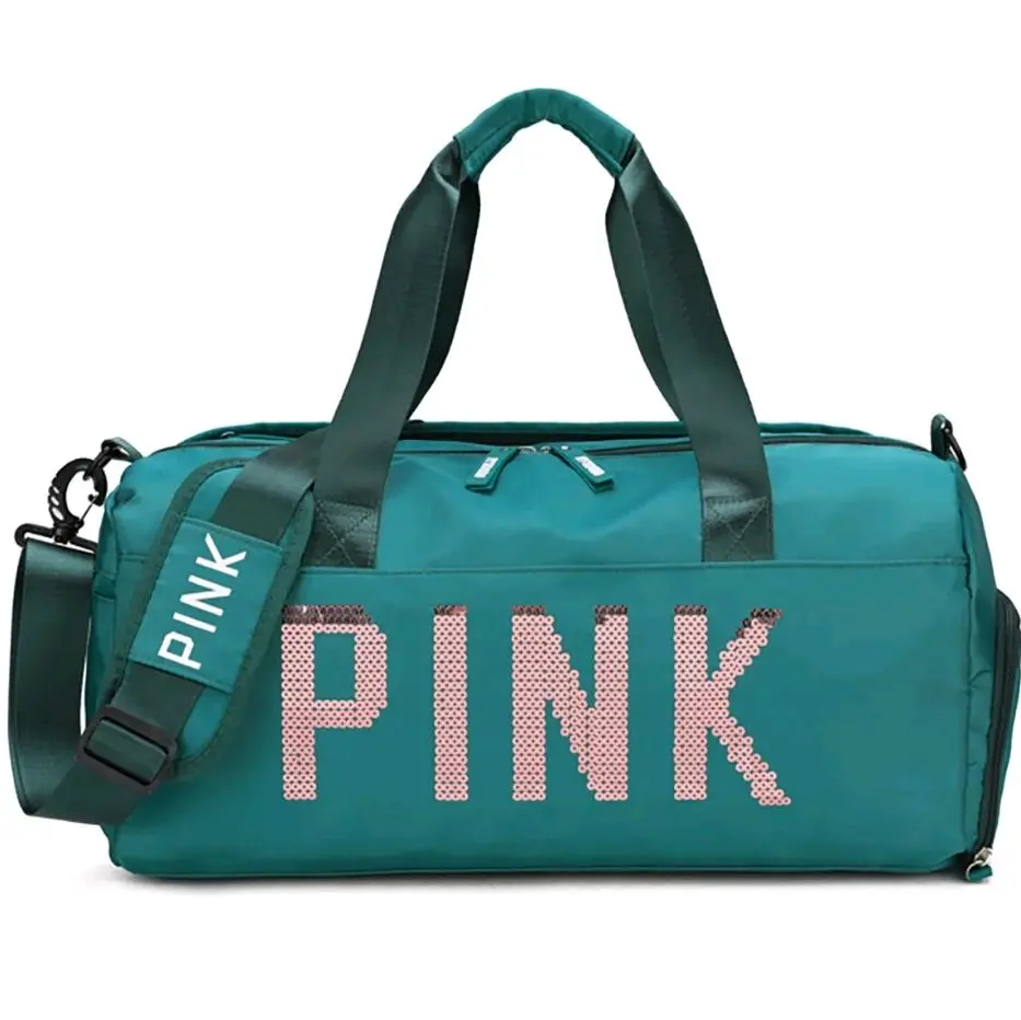 Green Duffle Bag Gym Bag Spend The Night Bag with "PINK" Text and Reflective Design