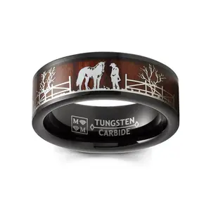Black Tungsten Horse Equestrian Ring Wedding Band Wood Inlay Stallion