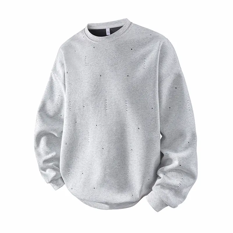 Men's Gray Distressed Ripped Round Neck Sweatshirt with All-Over Speckled Holes, Loose Oversized Crewneck, Vintage Streetwear Top for Halloween, New Year, Fitted
