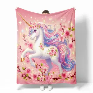 Dreamy Unicorn  Ultra Soft Flannel, Cute Kawaii Style with Cherry Blossoms & Rainbow Hair, Cozy & Warm for All Seasons, Perfect for Bedroom Decor, Nap Time, Camping, Great Gift for Kids & Friends, Ideal for Birthday, Christmas, Easter blanket