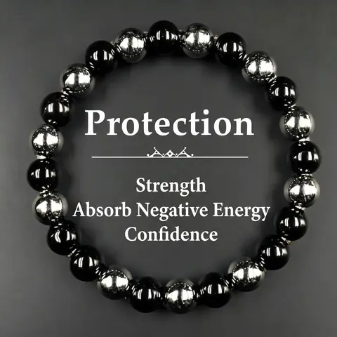 Protection Bracelet with Black Tourmaline & Hematite Beaded for Men & Women – Grounding Energy Shield 8mm Unisex Crystal Beads Daily Wear Wristband Gift