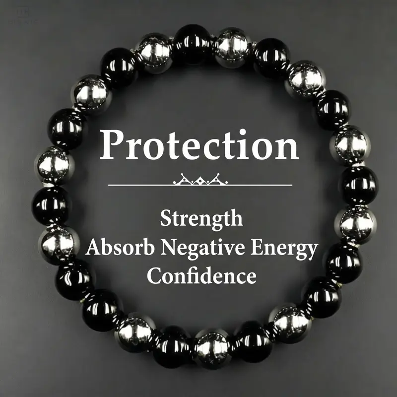 Protection Bracelet with Black Tourmaline & Hematite Beaded for Men & Women – Grounding Energy Shield 8mm Unisex Crystal Beads Daily Wear Wristband Gift