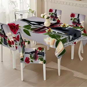 5/7-piece 2D Flat Printing Red Roses, Wine Set, and Candlelight Printing Pattern Tablecloth and Chair Cover Set, for dining table and chair decoration, perfect for home, holiday gatherings, restaurants, and parties.