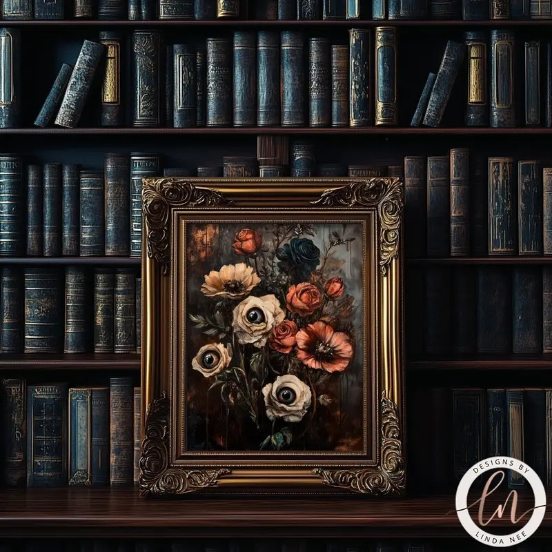 Macabre Botanical Goth Print, Dark Academia Home Decor, Victorian Gothic Poster, Forestcore, Autumn Colors, Spooky Eyes Flowers | Unframed P