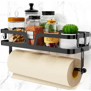 Paper Holder with Shelf, Paper Holder Spice Rack Black Paper Roll Holder RV Paper Rack with 4(2 Installation Methods - Self-and Drilling)