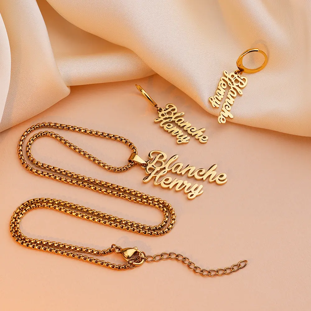 AS045 Couple Name Cut Necklace Earrings Personalized Stainless Steel Custom Text Pendant