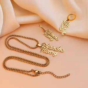 AS045 Couple Name Cut Necklace Earrings Personalized Stainless Steel Custom Text Pendant