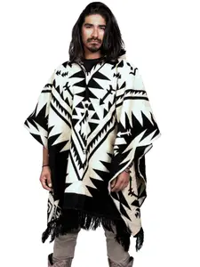 DAVLINA - Alpaca Wool Poncho | Aztec Pattern | Hooded | Handmade in Ecuador | Black And White | Soft, Comfortable & Warm. The Perfect Gift