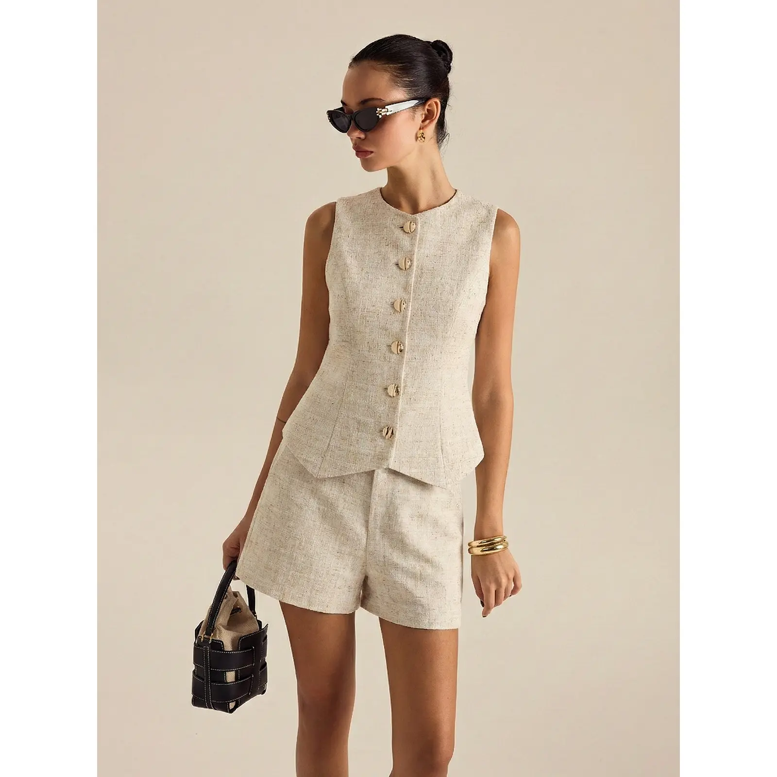 Tweed Buttoned Vest & Mini Shorts Set
