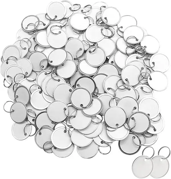 100PCS Metal Rim Key Tags,1.26 Inch Blank Round Rimmed Key Tag Paper Tags with Metal Split Rings,Small Coded Key Chain Keyring Set for Luggage,Pets,Kids Backpack,(White)